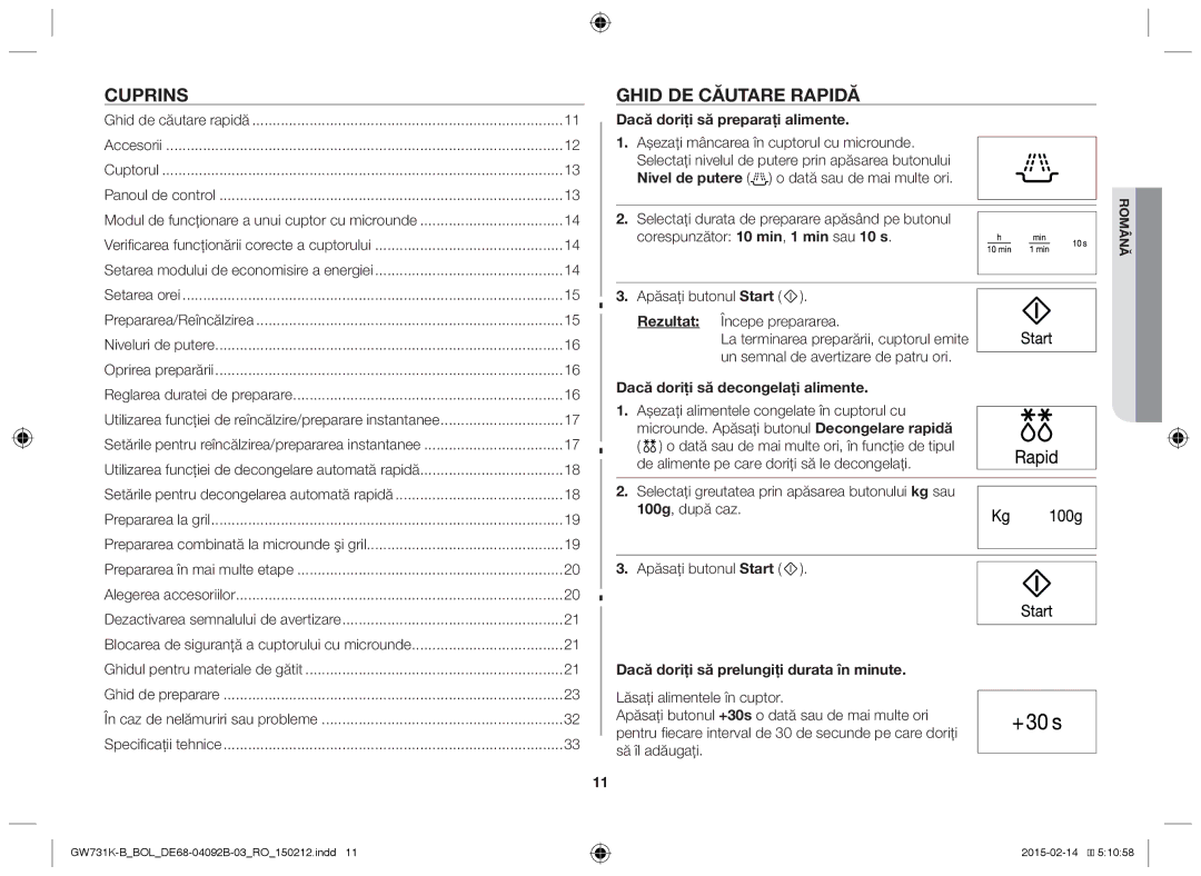 Samsung GW731K-B/BOL manual Cuprins, Ghid DE Căutare Rapidă, Dacă doriţi să preparaţi alimente 