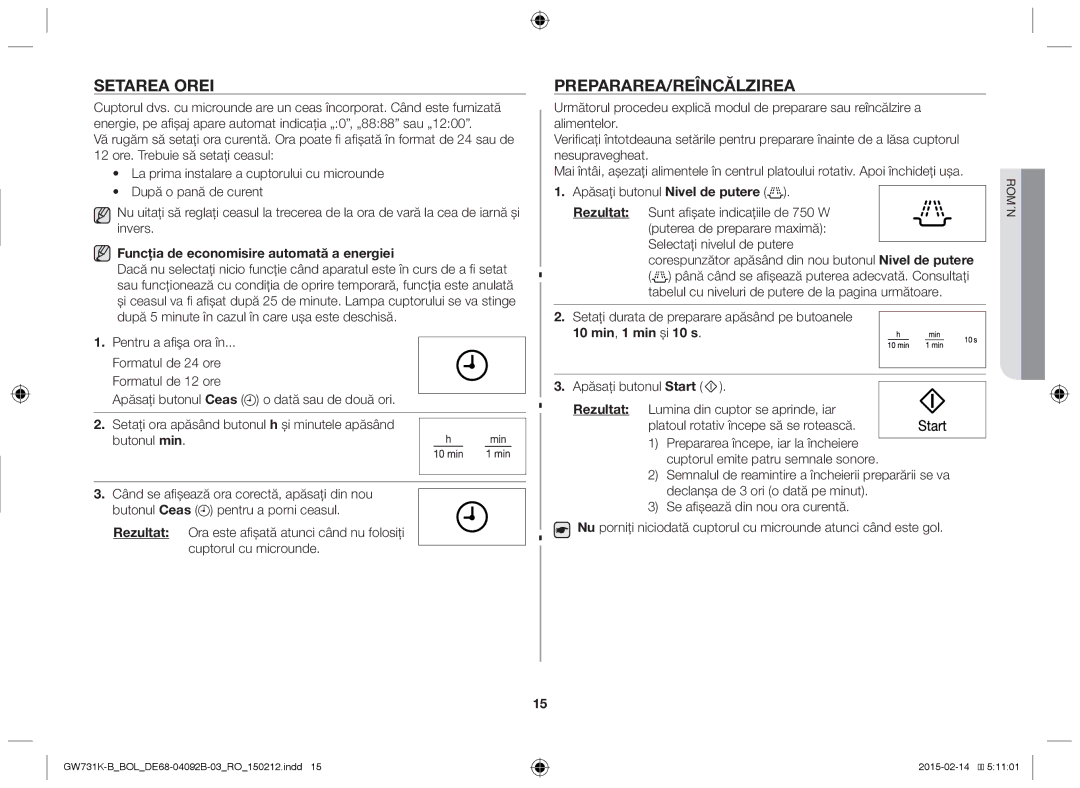 Samsung GW731K-B/BOL manual Setarea Orei, Prepararea/Reîncălzirea, Funcţia de economisire automată a energiei 