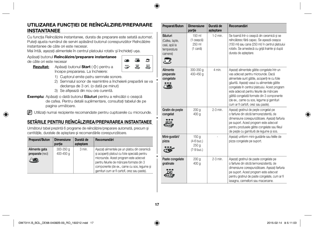 Samsung GW731K-B/BOL Utilizarea Funcţiei DE REÎNCĂLZIRE/PREPARARE Instantanee, Durată de Recomandări Porţie Aşteptare 