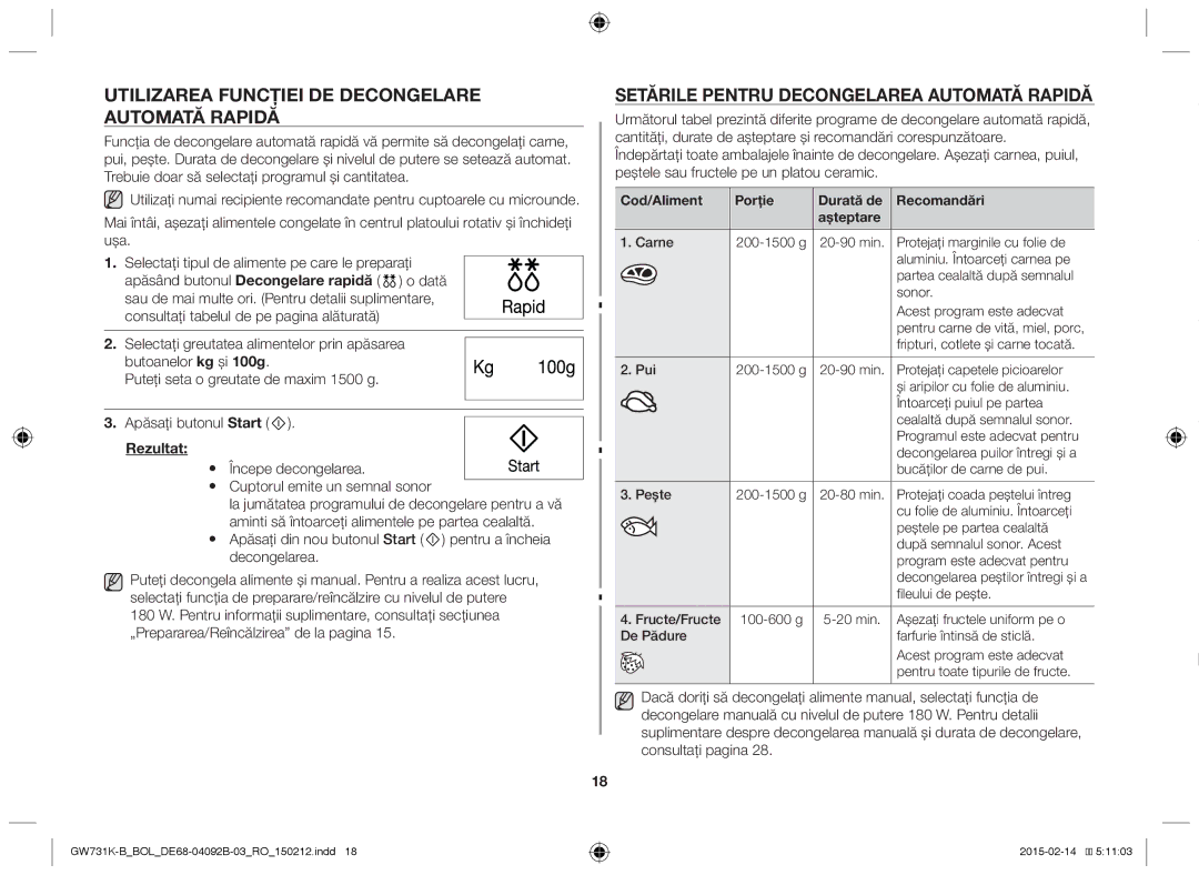 Samsung GW731K-B/BOL Utilizarea Funcţiei DE Decongelare Automată Rapidă, Setările Pentru Decongelarea Automată Rapidă 