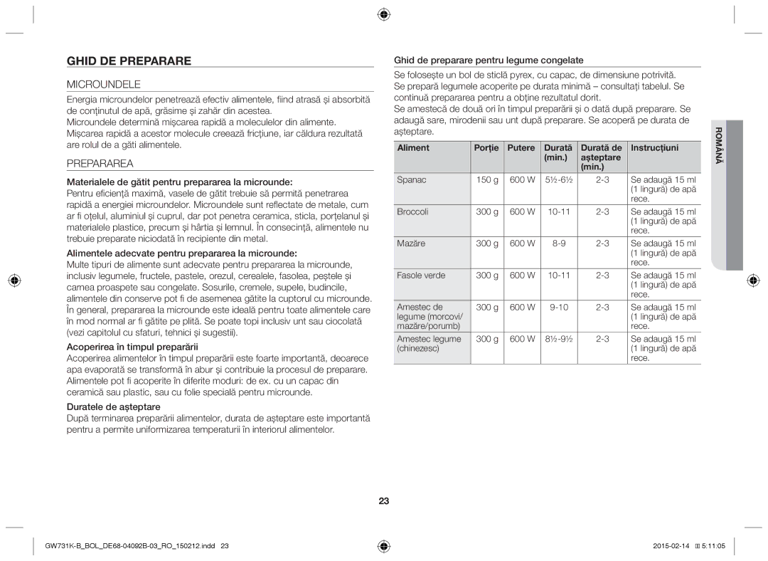 Samsung GW731K-B/BOL manual Ghid DE Preparare, Microundele, Prepararea 