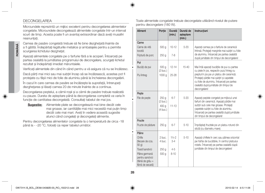 Samsung GW731K-B/BOL manual Decongelarea 