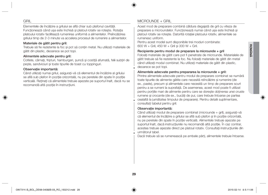 Samsung GW731K-B/BOL manual Microunde + Gril 