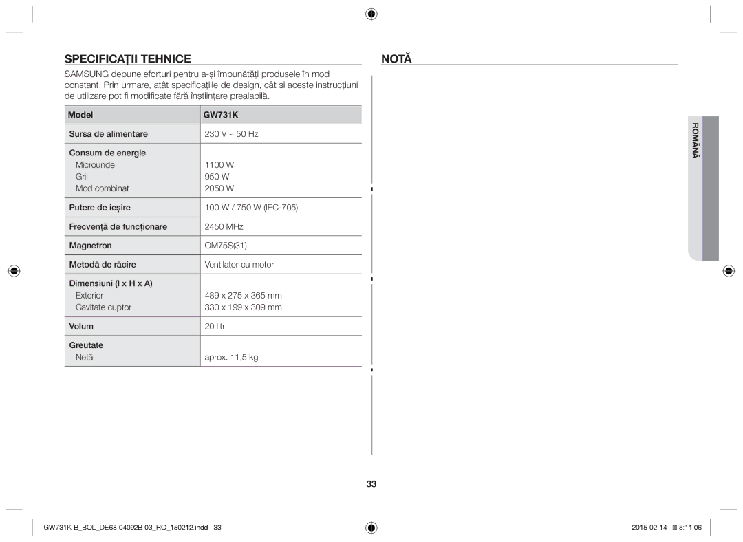 Samsung GW731K-B/BOL manual Specificaţii Tehnicenotă, Model GW731K 