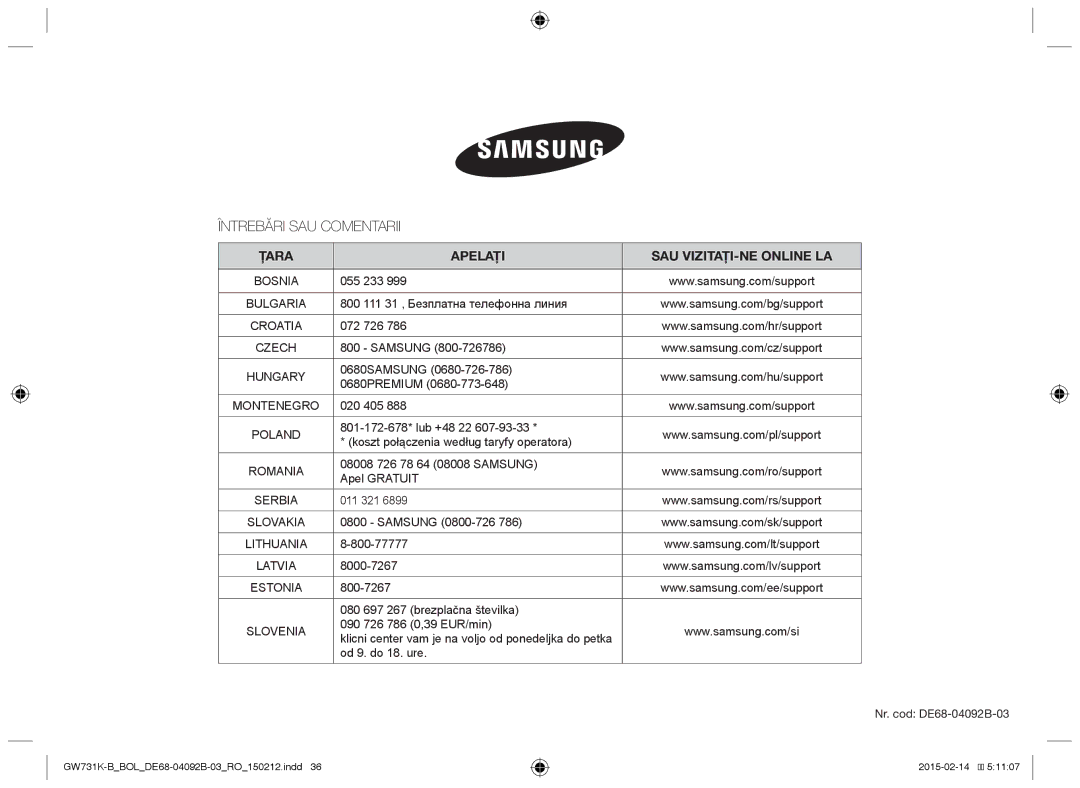 Samsung GW731K-B/BOL manual Întrebări SAU Comentarii, Țara Apelaţi SAU VIZITAŢI-NE Online LA 