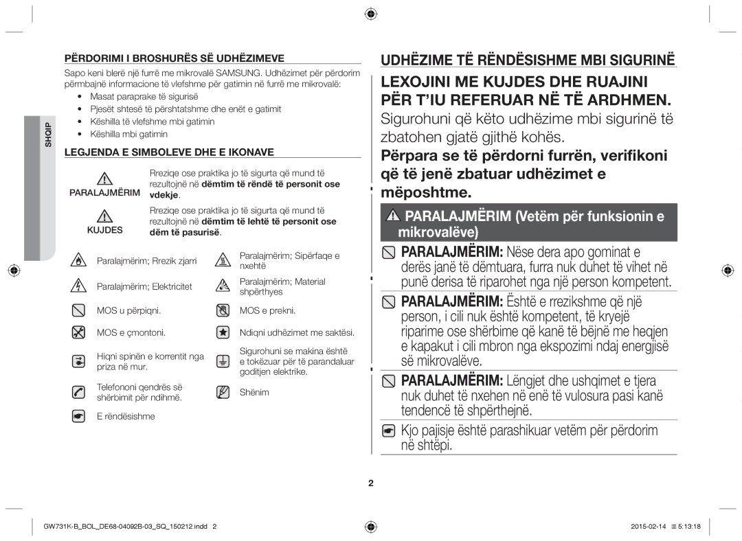 Samsung GW731K-B/BOL manual Kjo pajisje është parashikuar vetëm për përdorim në shtëpi, Paralajmërim Kujdes, Shënim 