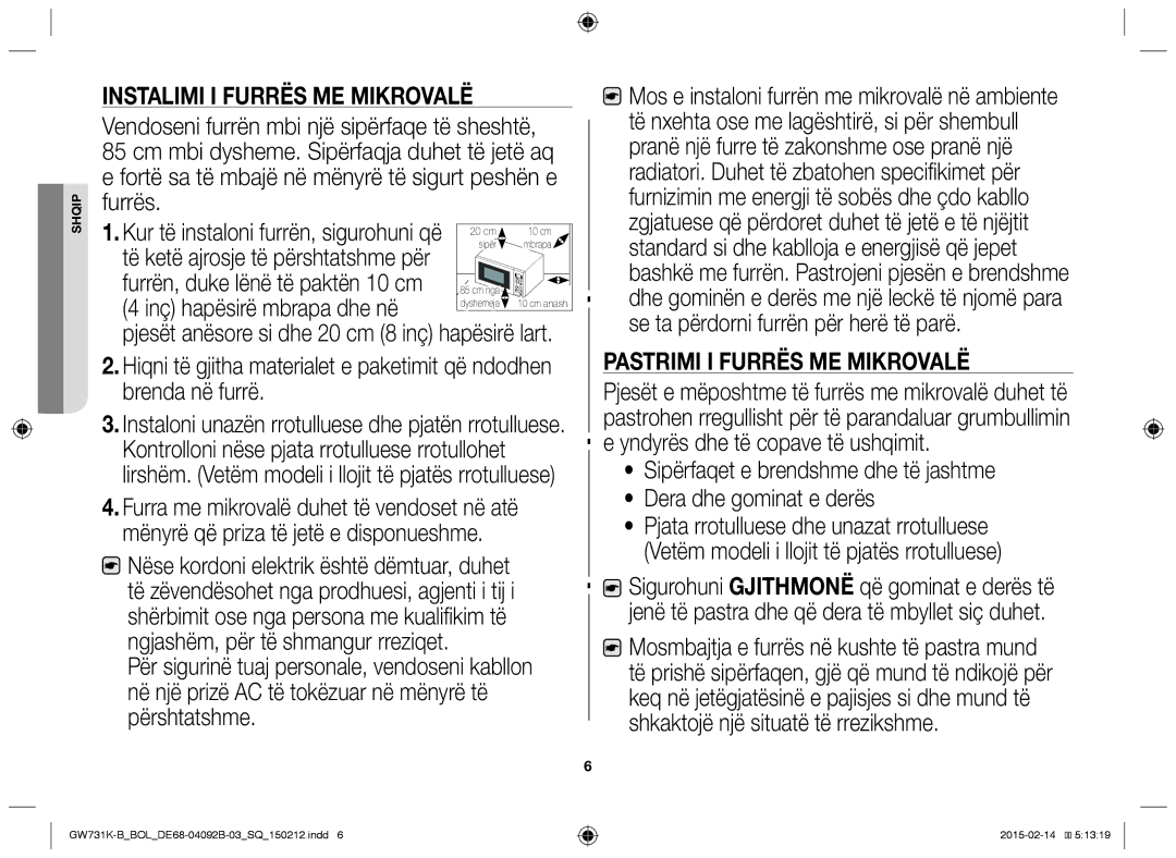 Samsung GW731K-B/BOL manual Inç hapësirë mbrapa dhe në, Pastrimi I Furrës ME Mikrovalë 