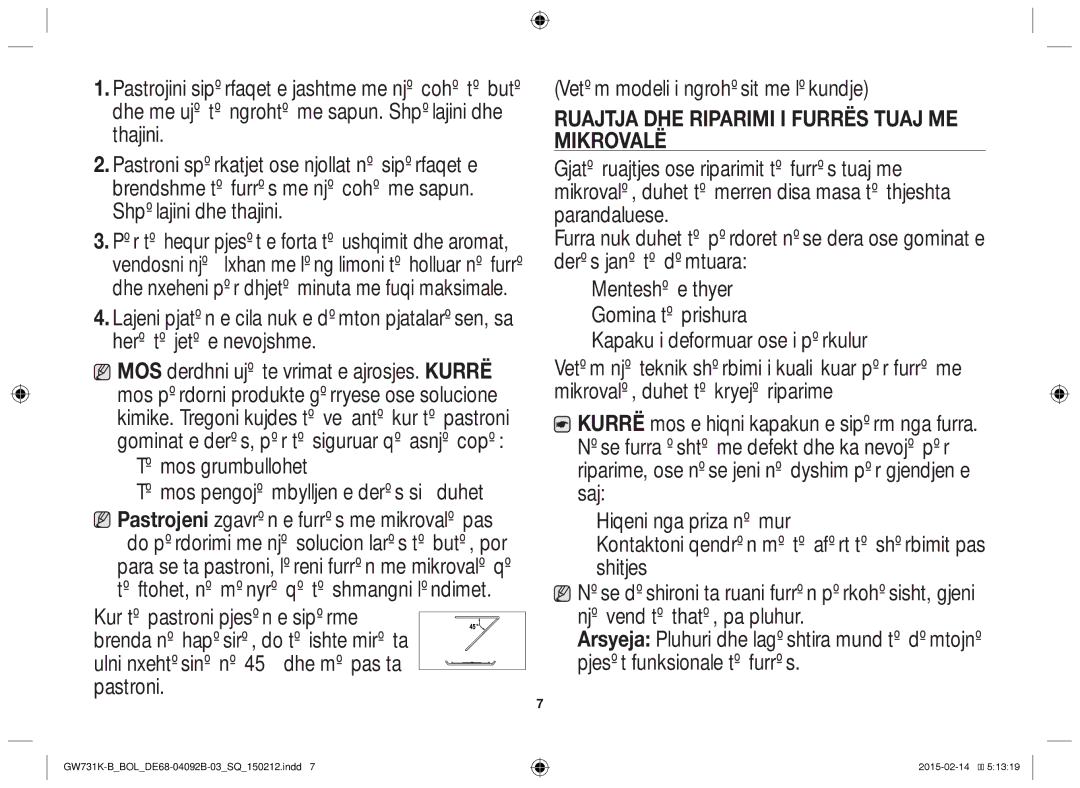 Samsung GW731K-B/BOL manual Të mos grumbullohet, Ruajtja DHE Riparimi I Furrës Tuaj ME Mikrovalë 