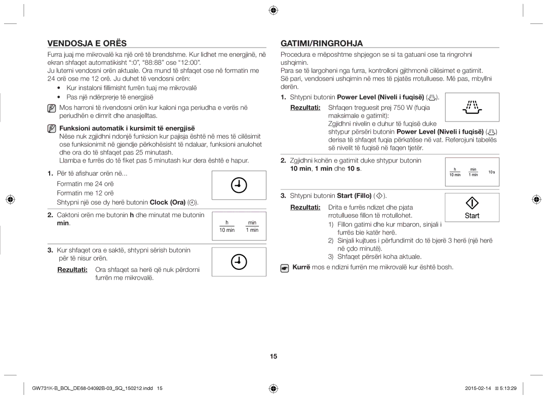 Samsung GW731K-B/BOL manual Vendosja E Orës, Gatimi/Ringrohja 