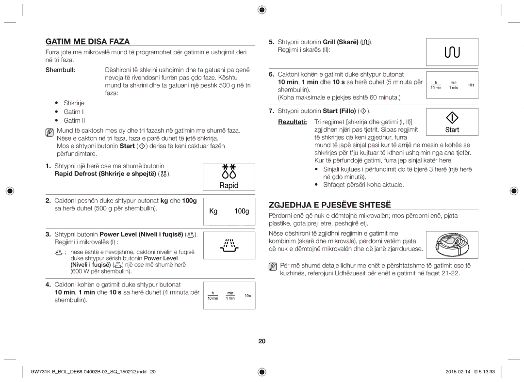 Samsung GW731K-B/BOL manual Gatim ME Disa Faza, Zgjedhja E Pjesëve Shtesë, Regjimi i mikrovalës 