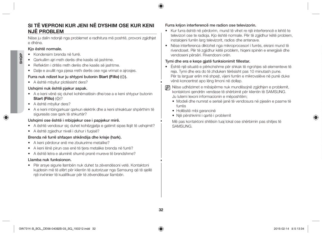 Samsung GW731K-B/BOL manual SI TË Veproni KUR Jeni NË Dyshim OSE KUR Keni NJË Problem, Samsung 