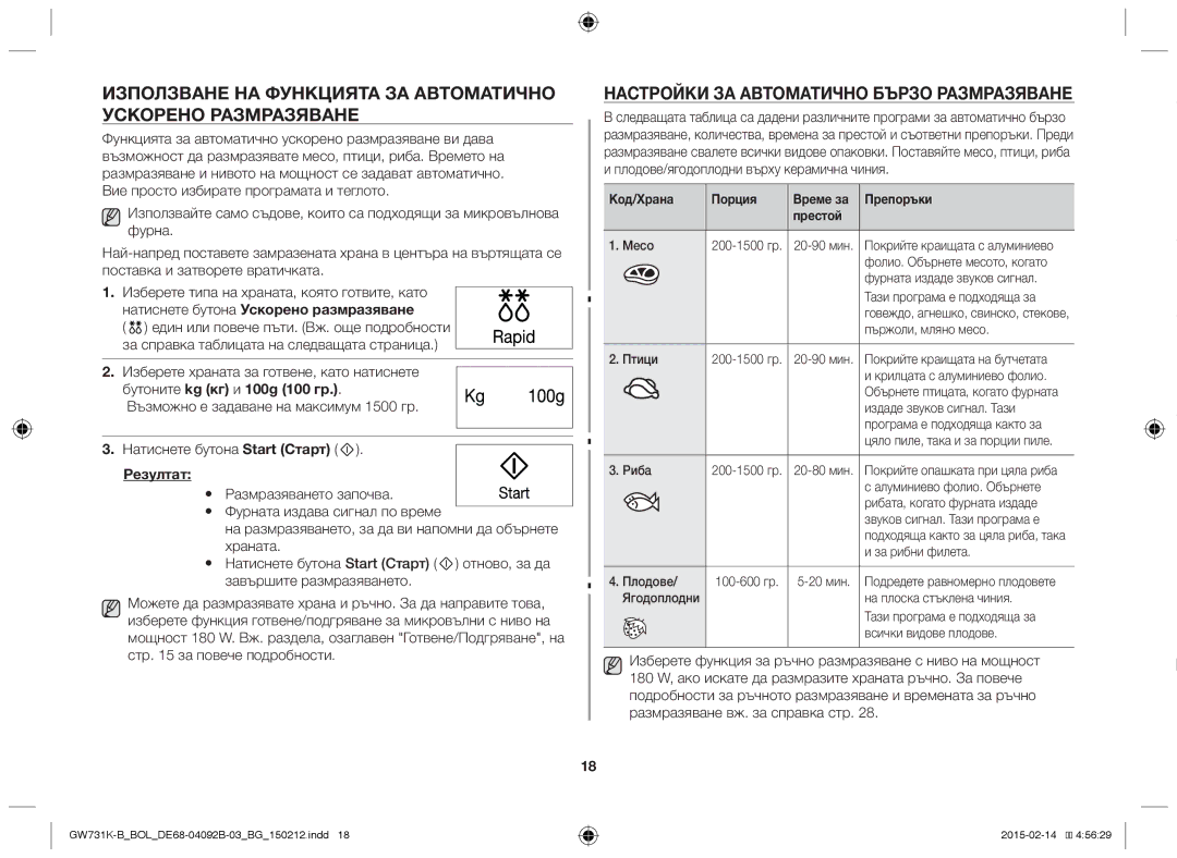 Samsung GW731K-B/BOL Настройки ЗА Автоматично Бързо Размразяване, Резултат, Код/Храна Порция Време за Препоръки Престой 