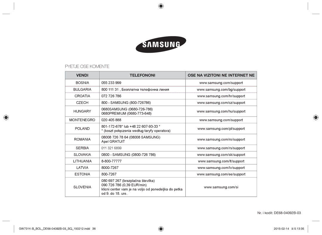 Samsung GW731K-B/BOL manual Pyetje OSE Komente, Vendi Telefononi OSE NA Vizitoni NE Internet NE 