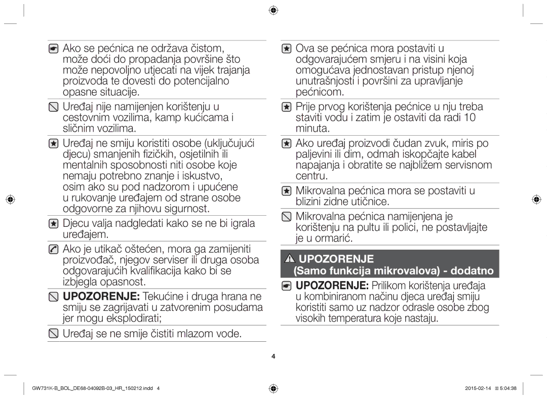 Samsung GW731K-B/BOL manual Samo funkcija mikrovalova dodatno 