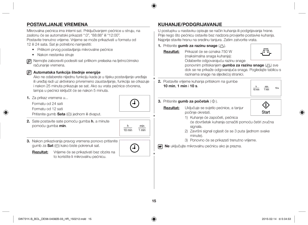 Samsung GW731K-B/BOL manual Postavljanje Vremena, Kuhanje/Podgrijavanje, Automatska funkcija štednje energije 