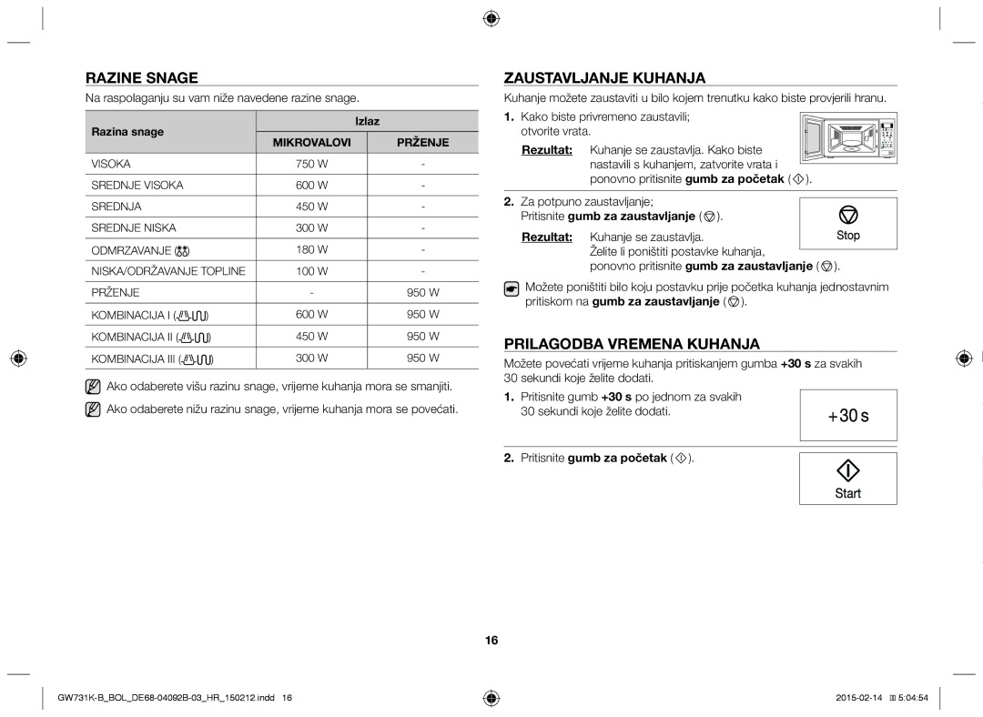 Samsung GW731K-B/BOL Razine Snage, Zaustavljanje Kuhanja, Prilagodba Vremena Kuhanja, Pritisnite gumb za zaustavljanje 