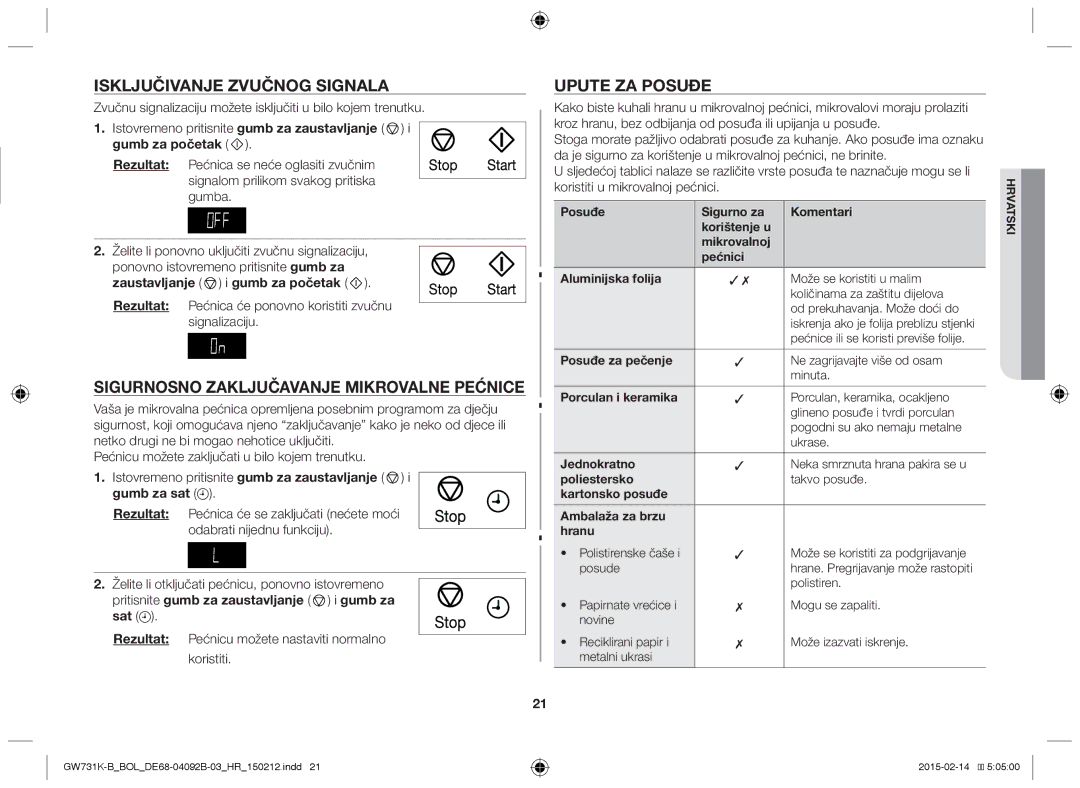 Samsung GW731K-B/BOL manual Sigurnosno Zaključavanje Mikrovalne Pećnice, Upute ZA Posuđe 