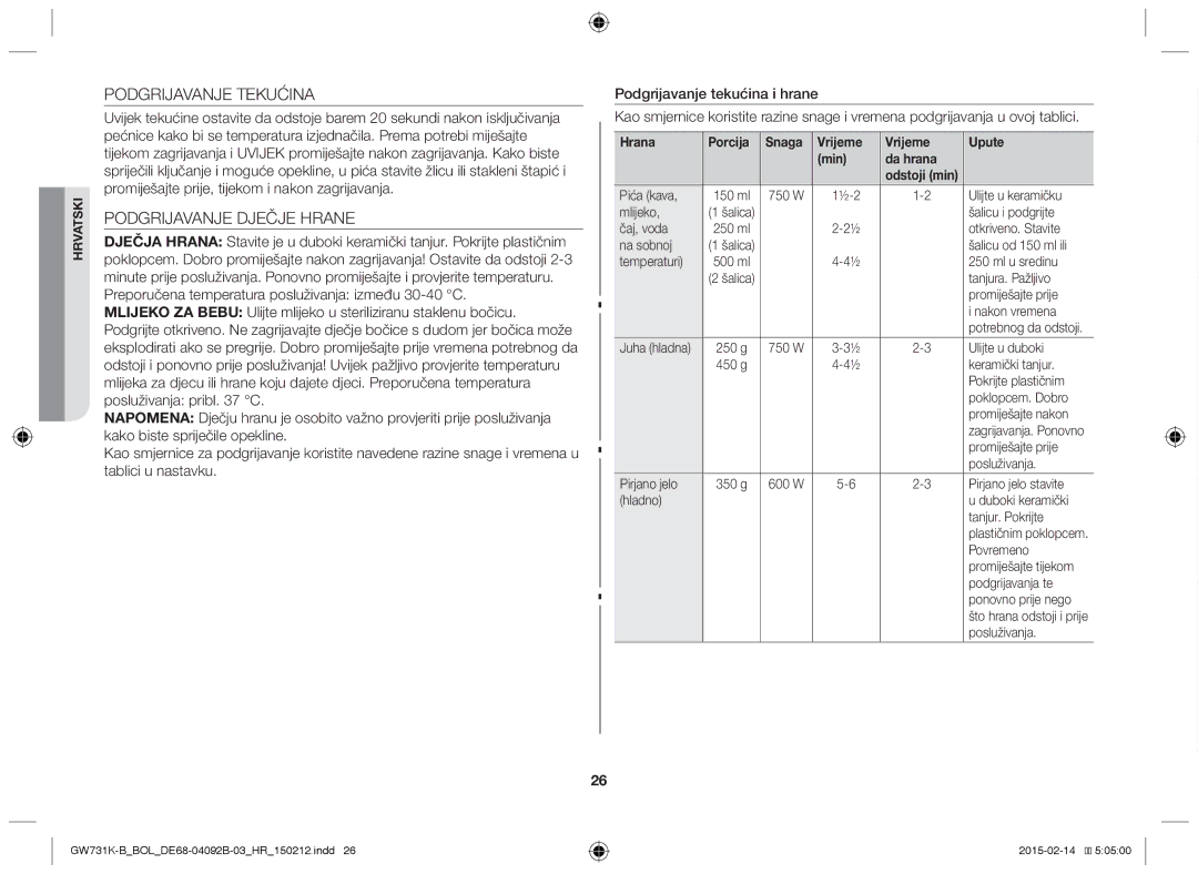 Samsung GW731K-B/BOL manual Podgrijavanje Tekućina, Podgrijavanje Dječje Hrane 