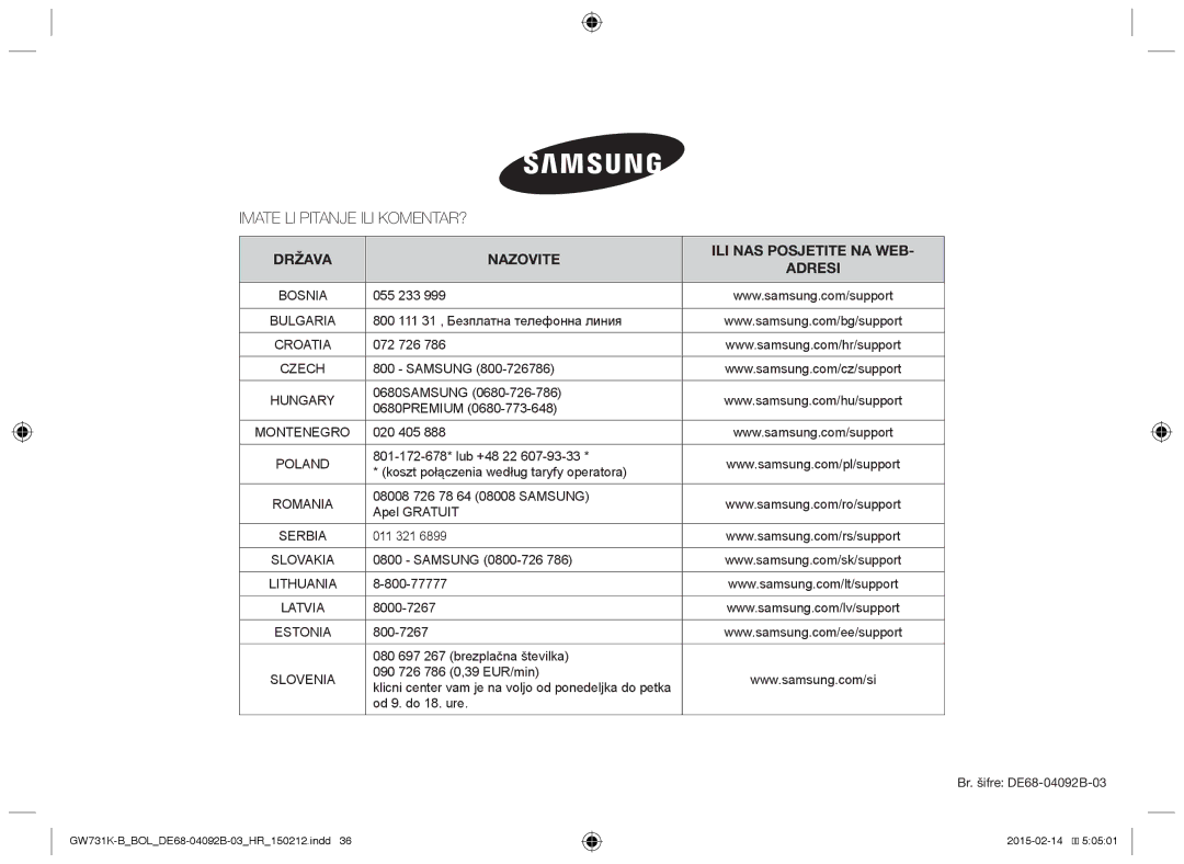 Samsung GW731K-B/BOL manual Imate LI Pitanje ILI KOMENTAR?, Država Nazovite ILI NAS Posjetite NA WEB Adresi 