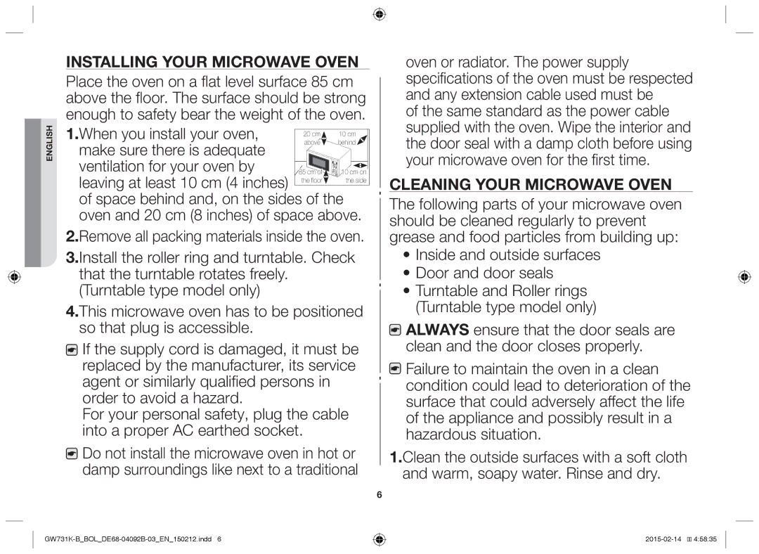 Samsung GW731K-B/BOL manual Installing Your Microwave Oven, Cleaning Your Microwave Oven 