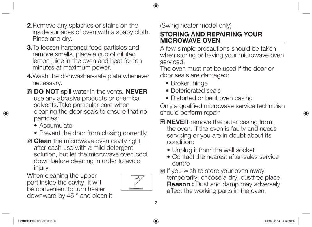 Samsung GW731K-B/BOL manual Swing heater model only, Storing and Repairing Your Microwave Oven, Serviced 