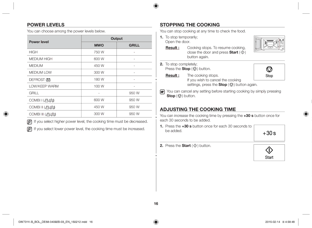 Samsung GW731K-B/BOL manual Power Levels, Stopping the Cooking, Adjusting the Cooking Time, Output 