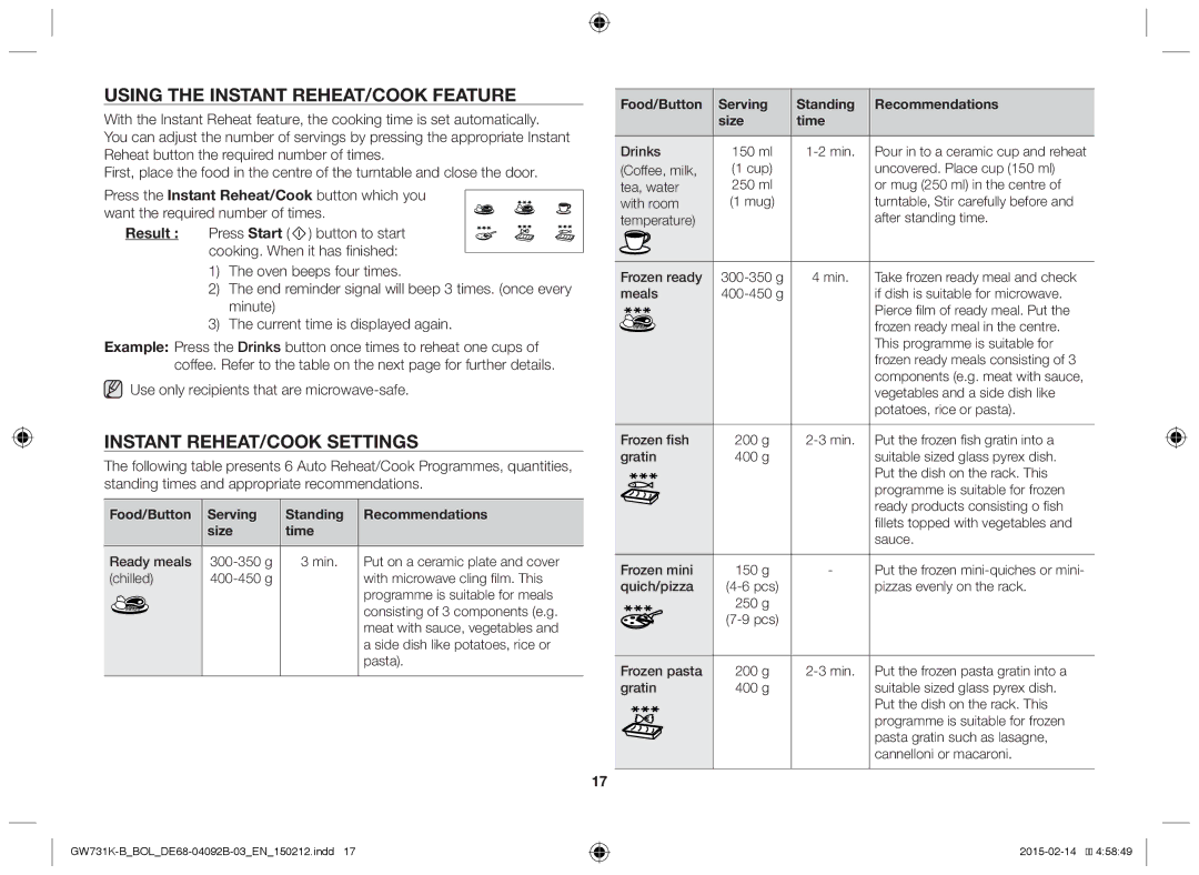 Samsung GW731K-B/BOL manual Using the Instant REHEAT/COOK Feature, Instant REHEAT/COOK Settings 