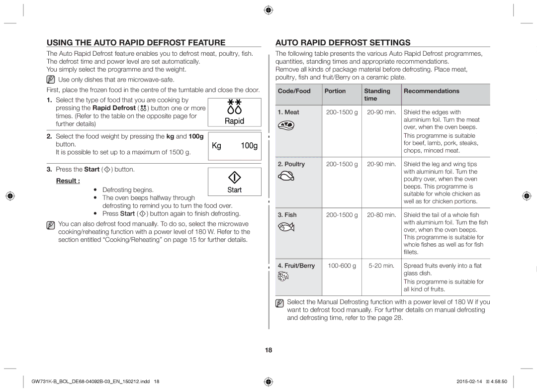 Samsung GW731K-B/BOL manual Using the Auto Rapid Defrost Feature, Auto Rapid Defrost Settings 