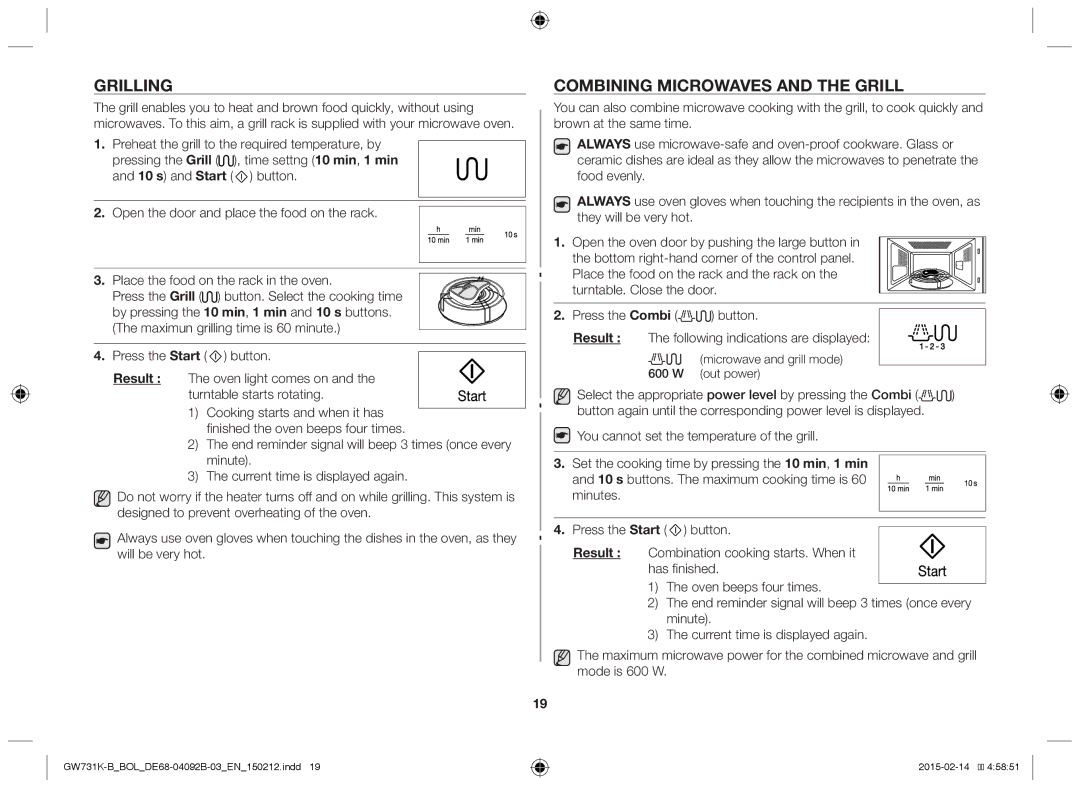 Samsung GW731K-B/BOL manual Grilling, Combining Microwaves and the Grill 