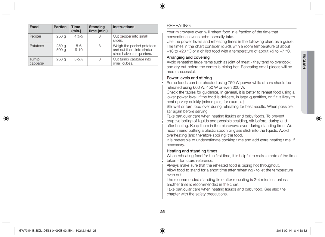 Samsung GW731K-B/BOL manual Reheating, Pepper 250 g ½-5 Cut pepper into small Slices Potatoes 