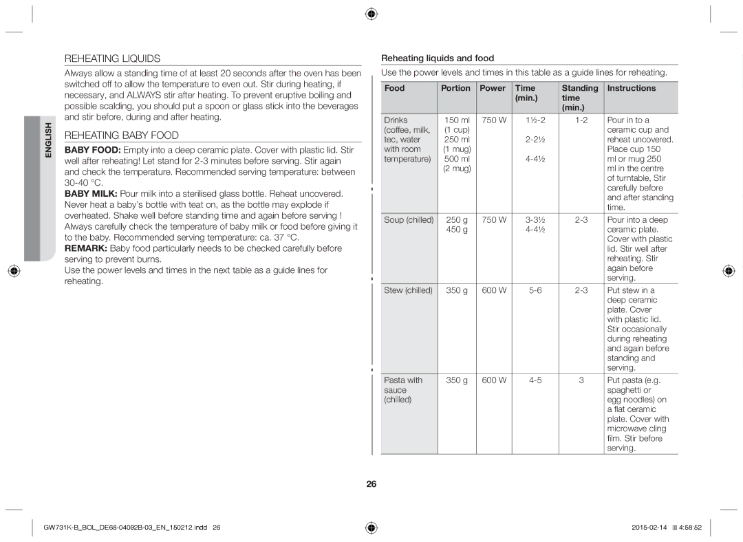 Samsung GW731K-B/BOL manual Reheating Liquids, Reheating Baby Food 