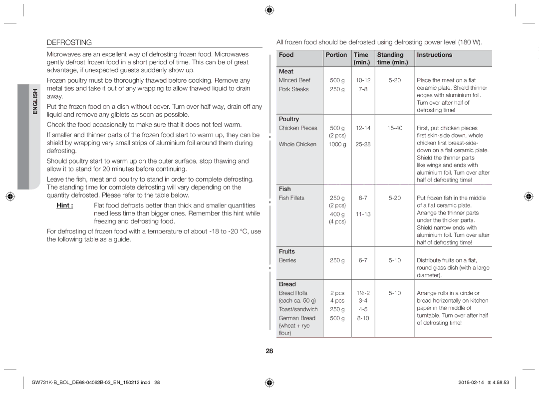 Samsung GW731K-B/BOL manual Defrosting, Fruits, Bread 
