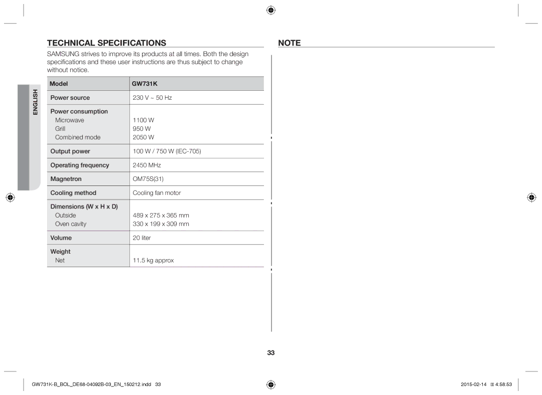 Samsung GW731K-B/BOL manual Technical Specifications, Are thus subject to change Without notice 