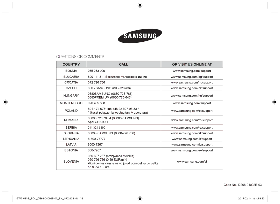 Samsung GW731K-B/BOL manual Questions or Comments, Country Call Or Visit US Online AT 