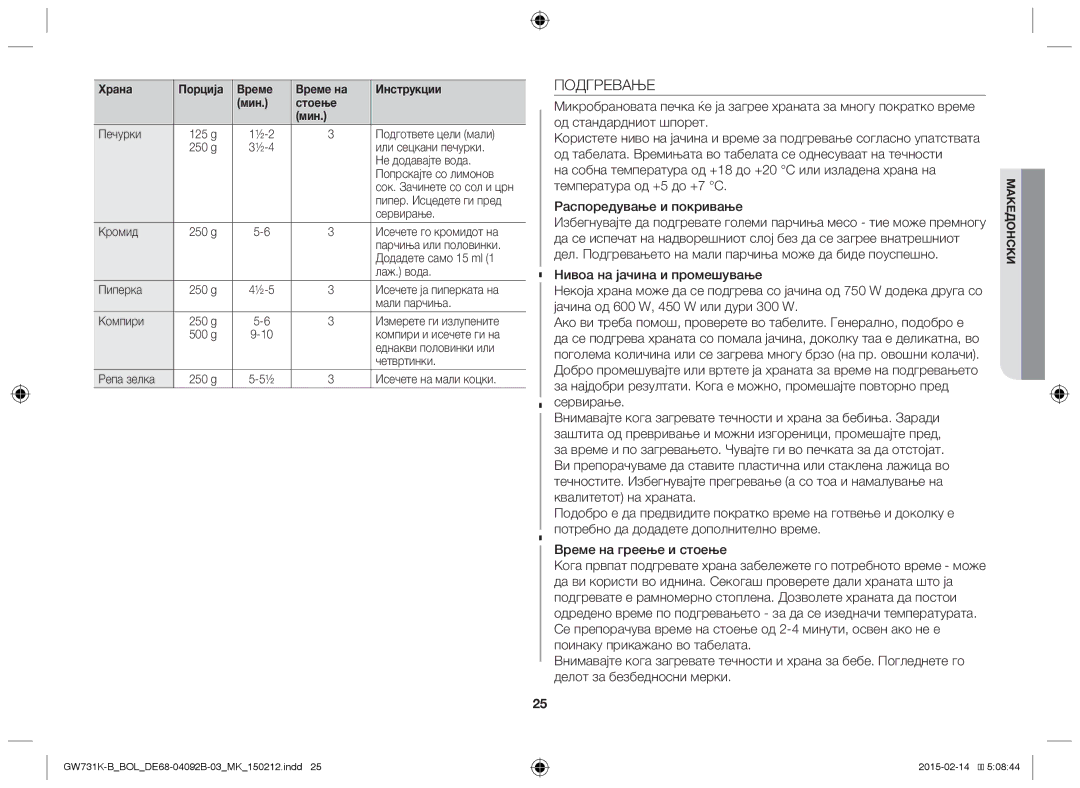 Samsung GW731K-B/BOL manual Подгревање 