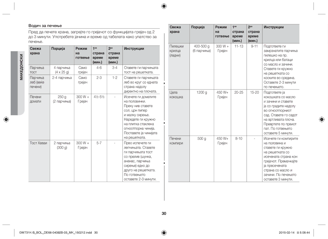 Samsung GW731K-B/BOL manual Свежа Порција Режим, Храна Страна Готвење Време Мин 