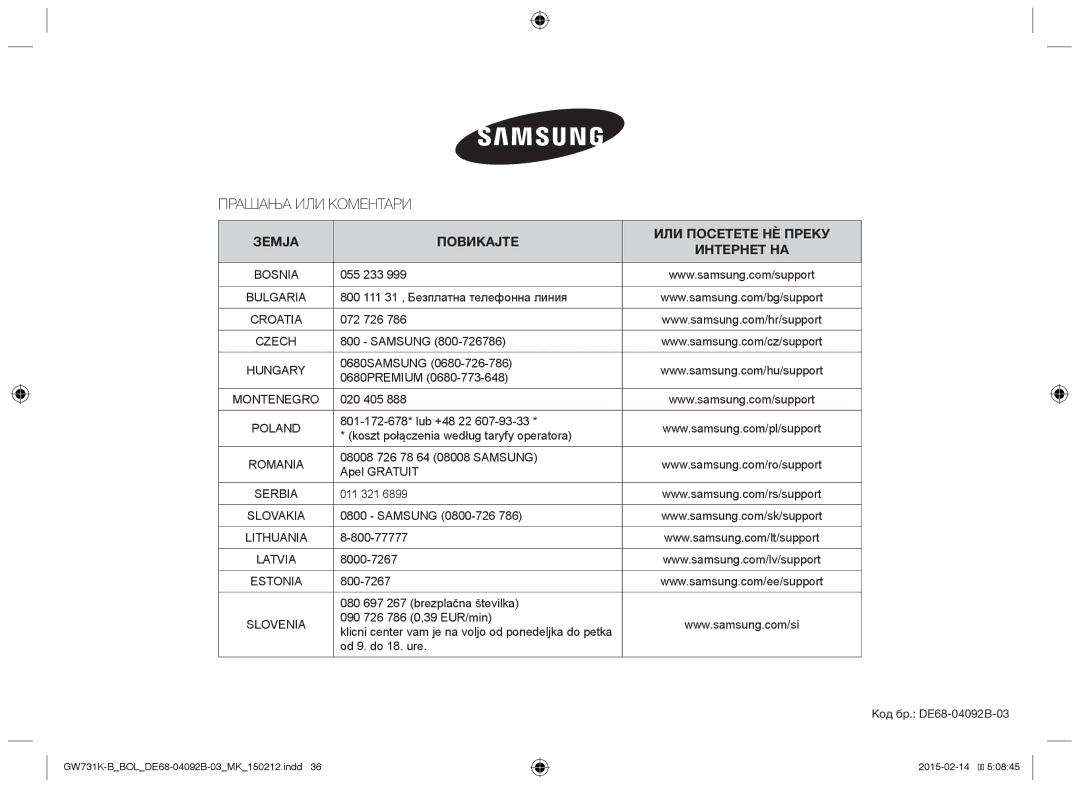 Samsung GW731K-B/BOL manual Прашања ИЛИ Коментари, Зemja Пobиkajte ИЛИ Пocetete HЀ Пρεκу Иηтephet HA 