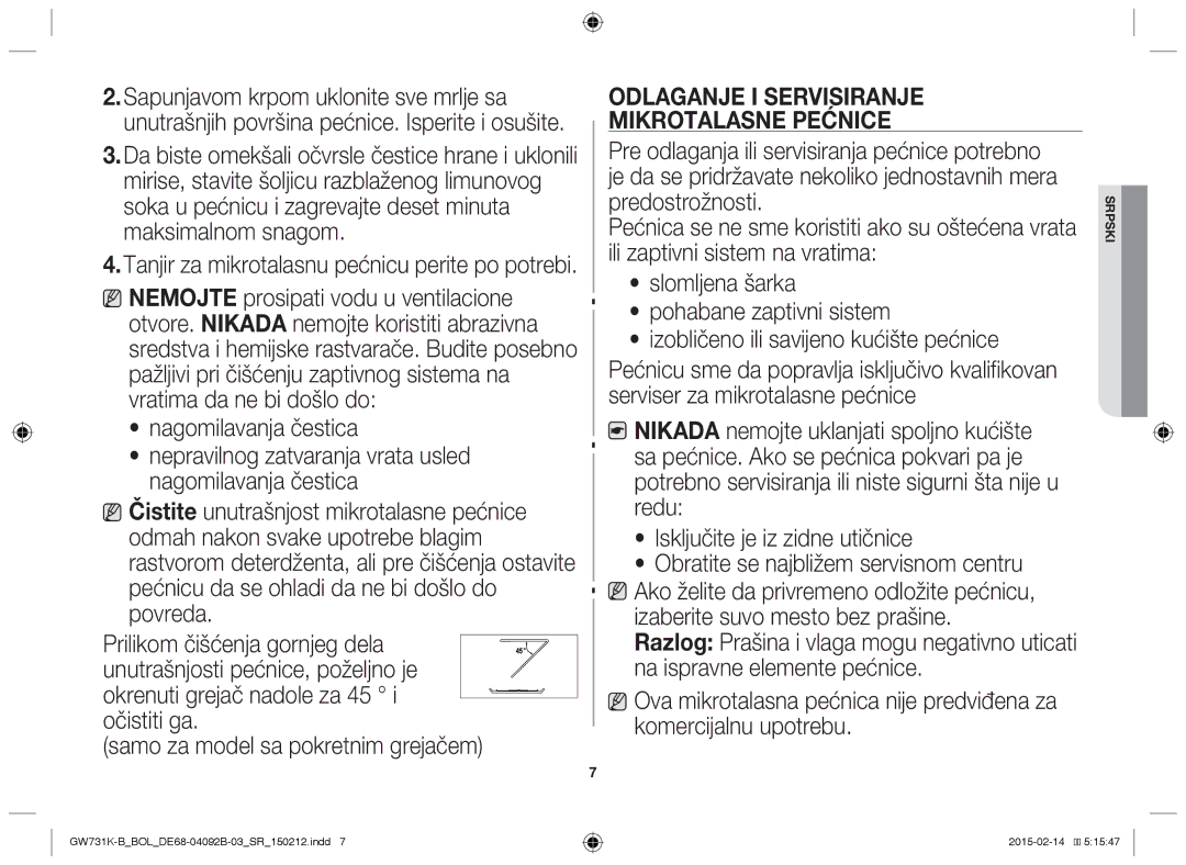 Samsung GW731K-B/BOL manual Odlaganje I Servisiranje, Mikrotalasne Pećnice 