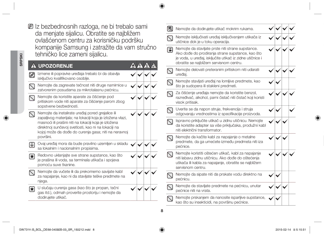 Samsung GW731K-B/BOL manual Upozorenje 