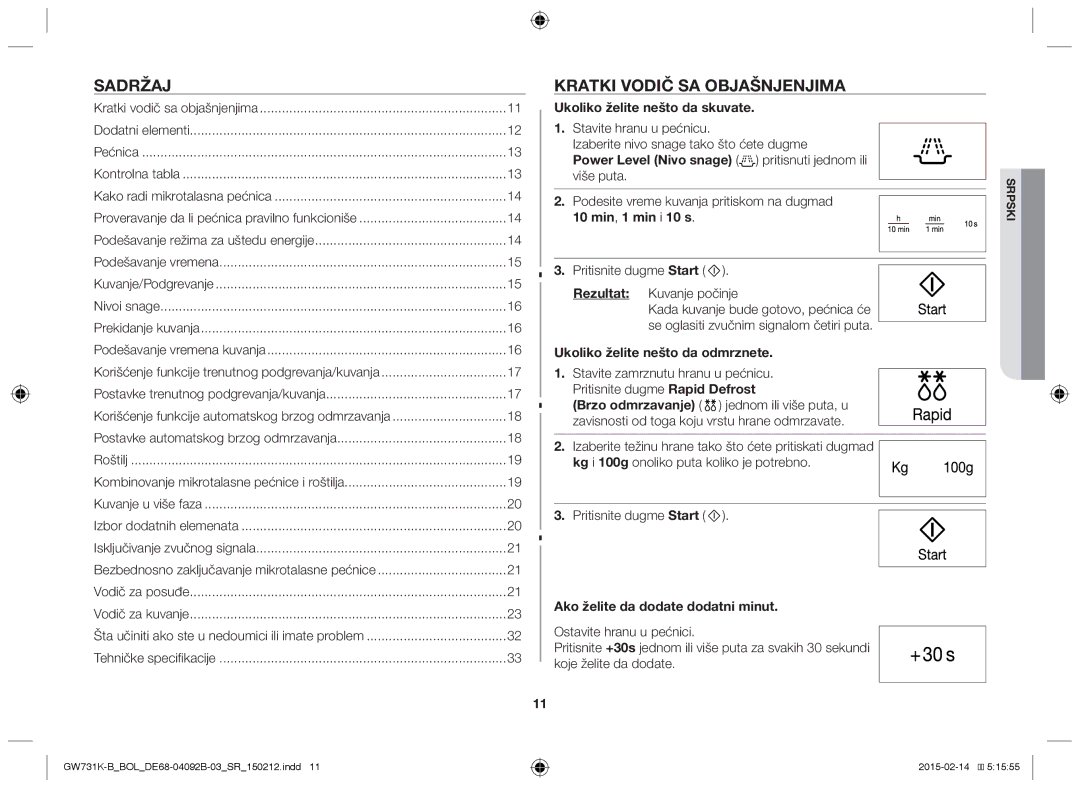 Samsung GW731K-B/BOL manual Sadržaj, Kratki Vodič SA Objašnjenjima 