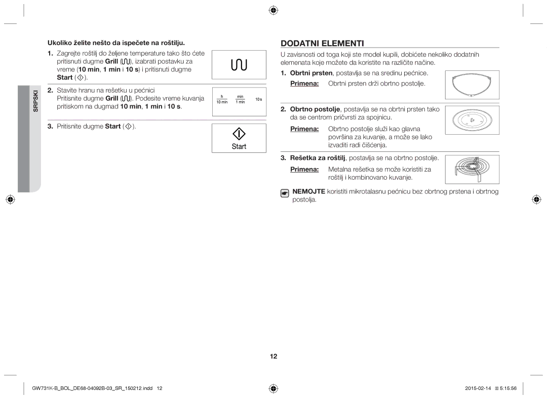 Samsung GW731K-B/BOL manual Dodatni Elementi, Ukoliko želite nešto da ispečete na roštilju, Primena 