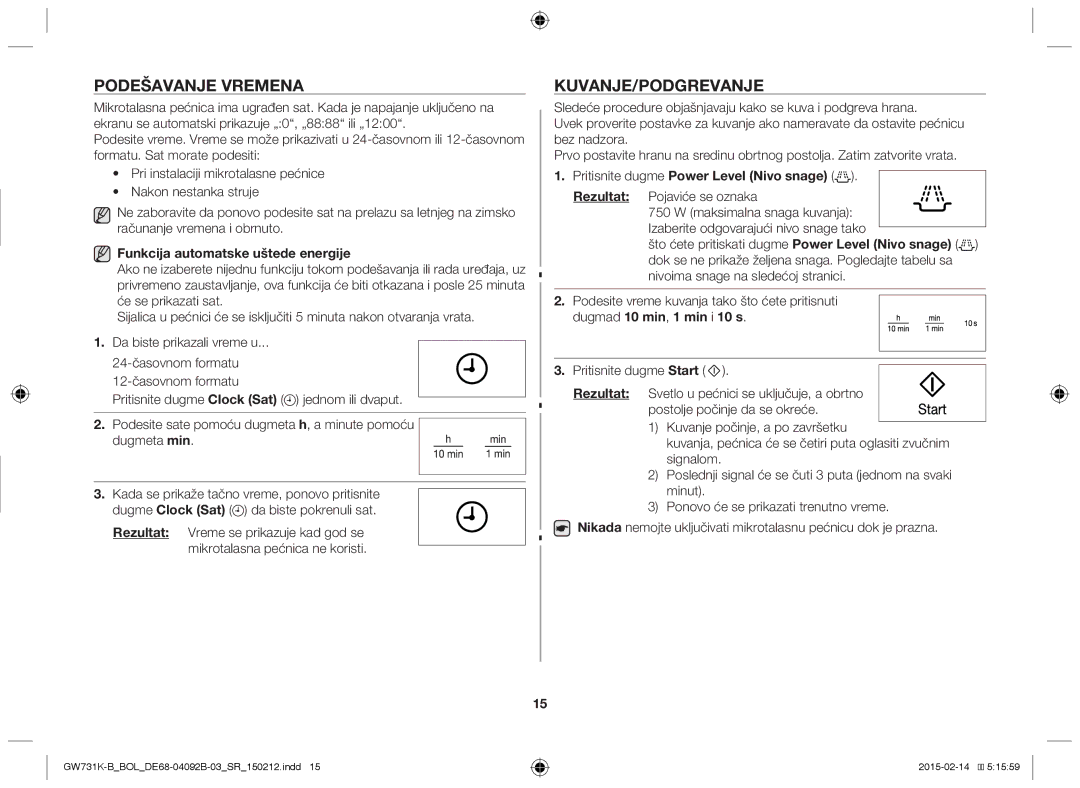 Samsung GW731K-B/BOL manual Podešavanje Vremena, Kuvanje/Podgrevanje, Funkcija automatske uštede energije 