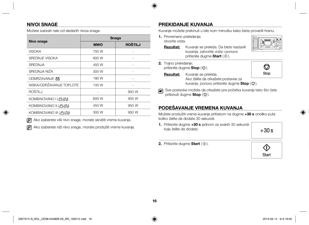 Samsung GW731K-B/BOL manual Nivoi Snage, Prekidanje Kuvanja, Podešavanje Vremena Kuvanja, Nivo snage Snaga 