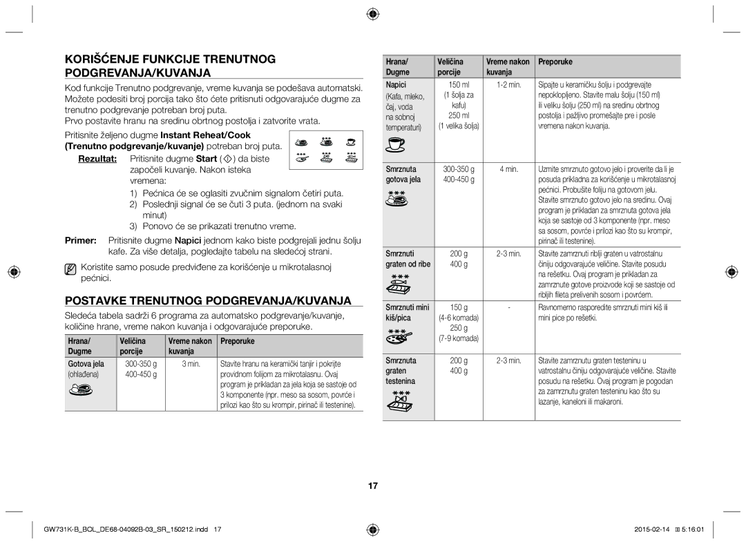 Samsung GW731K-B/BOL manual Korišćenje Funkcije Trenutnog PODGREVANJA/KUVANJA, Postavke Trenutnog PODGREVANJA/KUVANJA 