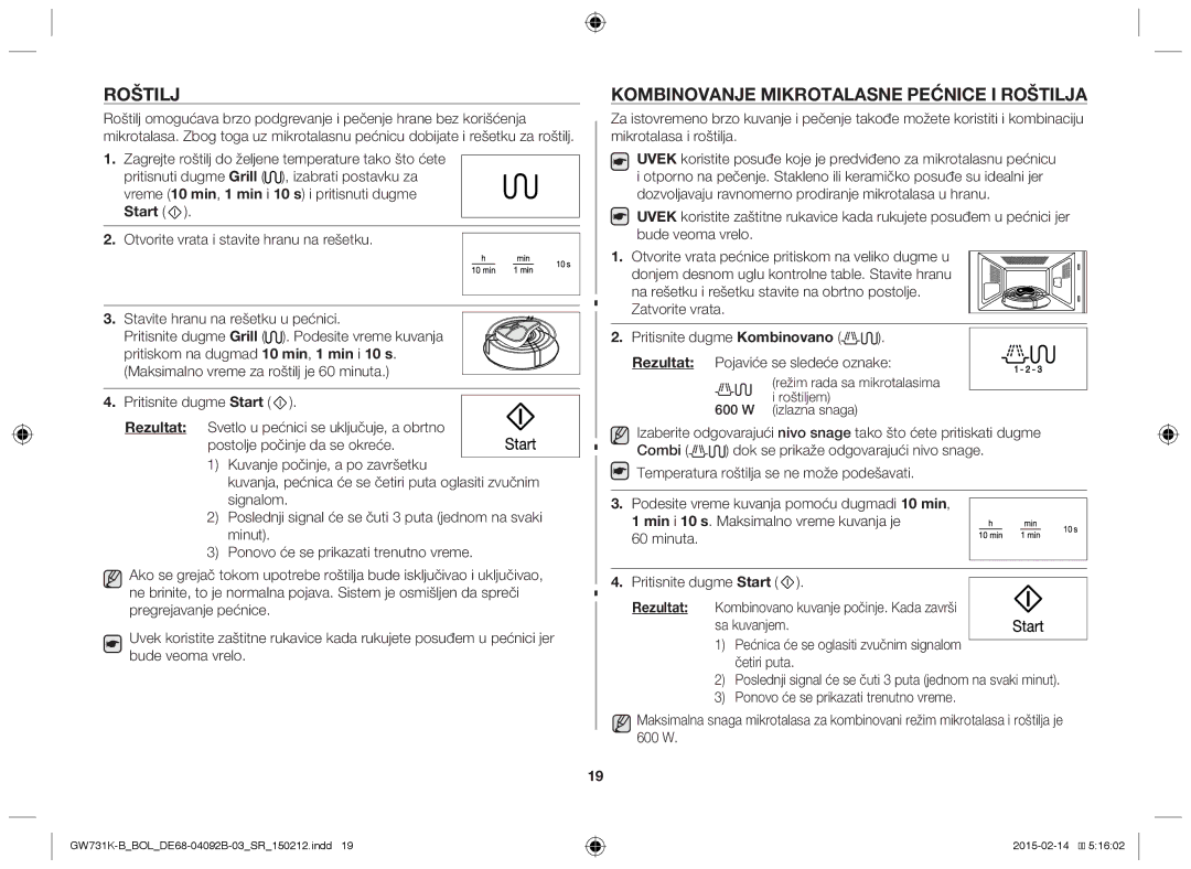 Samsung GW731K-B/BOL manual Kombinovanje Mikrotalasne Pećnice I Roštilja, Start 