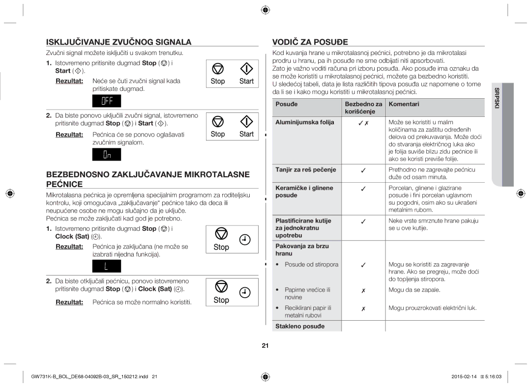 Samsung GW731K-B/BOL manual Isključivanje Zvučnog Signala, Bezbednosno Zaključavanje Mikrotalasne Pećnice, Vodič ZA Posuđe 