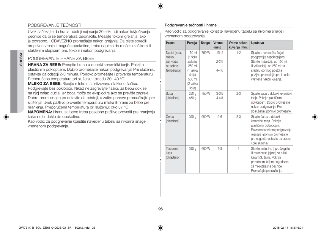 Samsung GW731K-B/BOL manual Podgrevanje Tečnosti, Podgrevanje Hrane ZA Bebe, Hrana, Snaga Vreme 