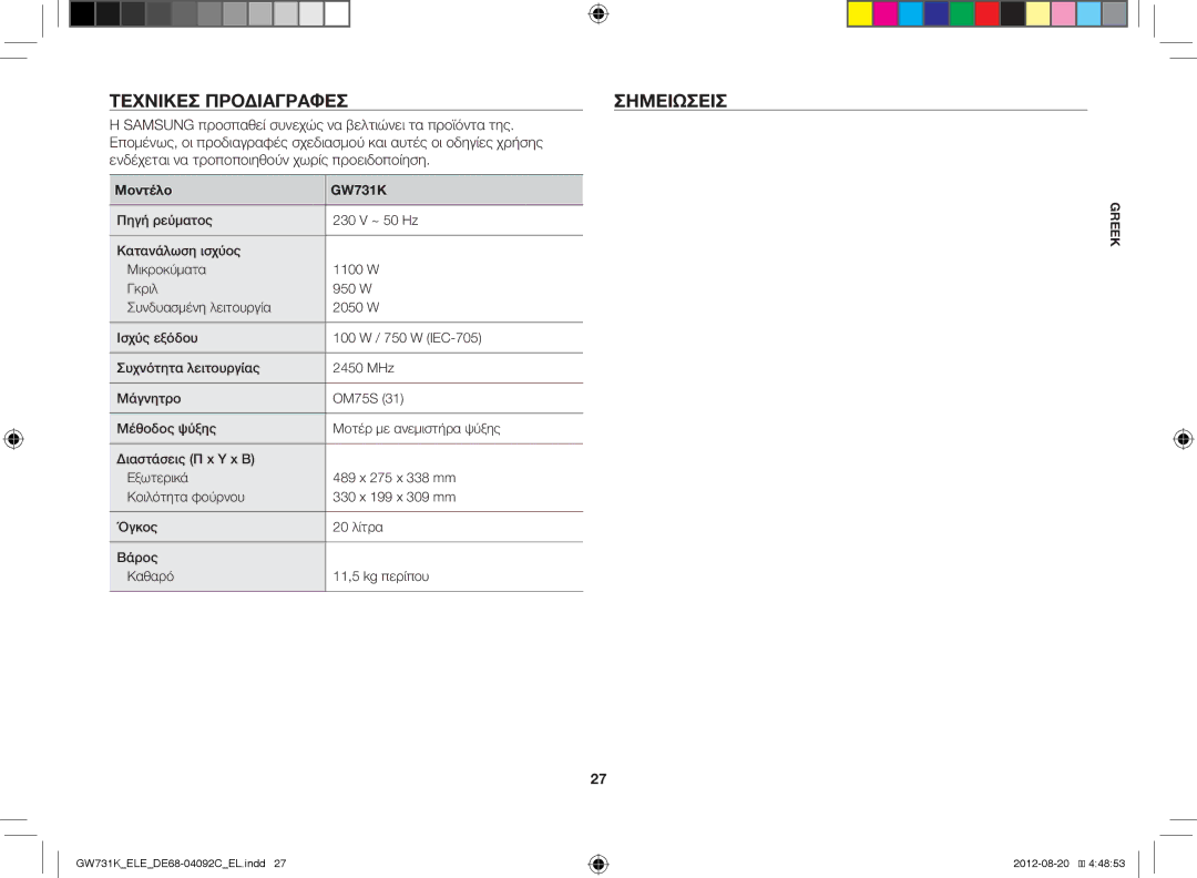 Samsung GW731K/ELE manual Τεχνικέσ Προδιαγραφέσ Σημειώσεισ, Μοντέλο GW731K 