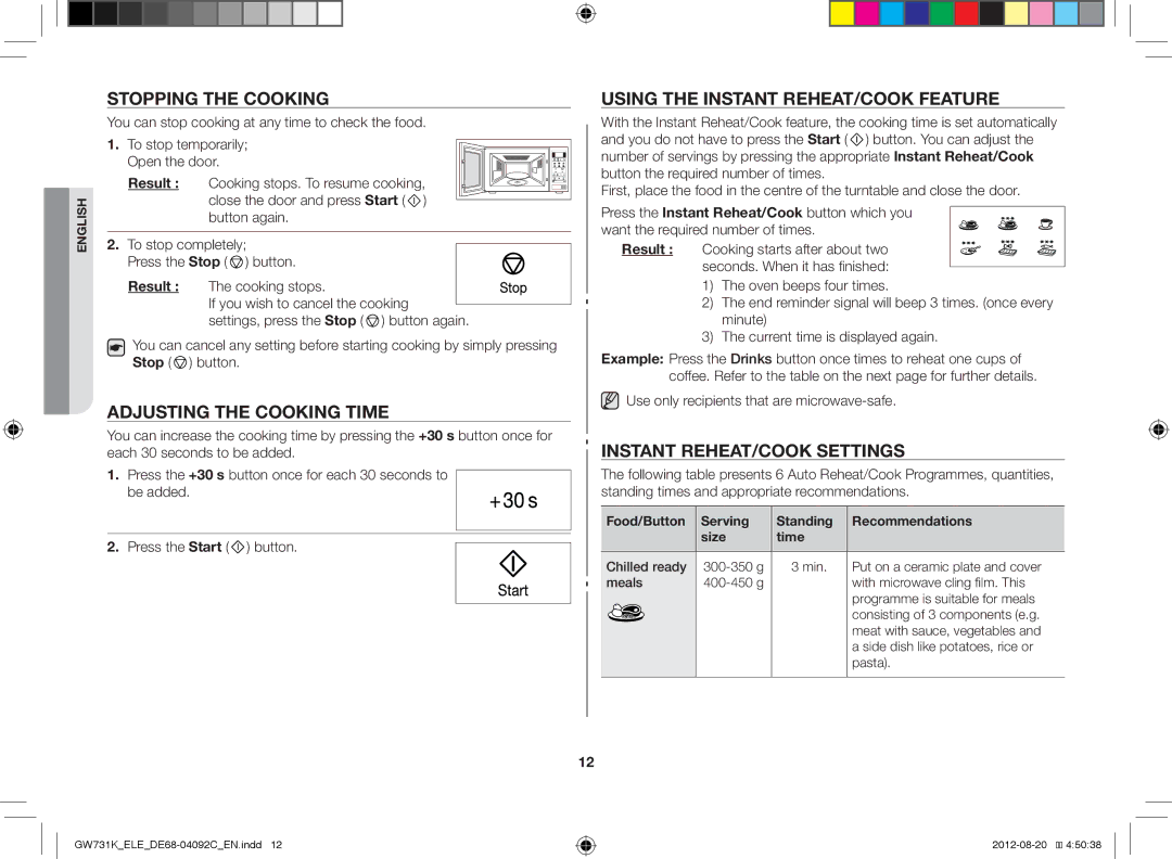 Samsung GW731K/ELE manual Stopping the Cooking, Adjusting the Cooking Time, Using the Instant REHEAT/COOK Feature 