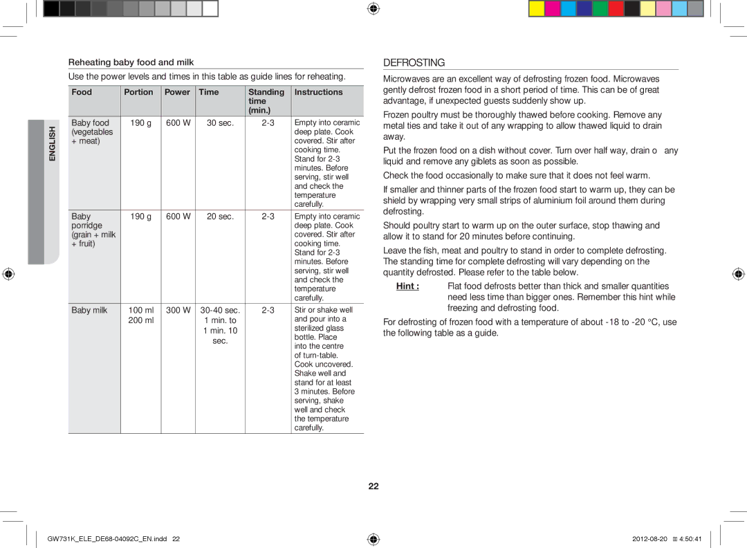 Samsung GW731K/ELE manual Defrosting 